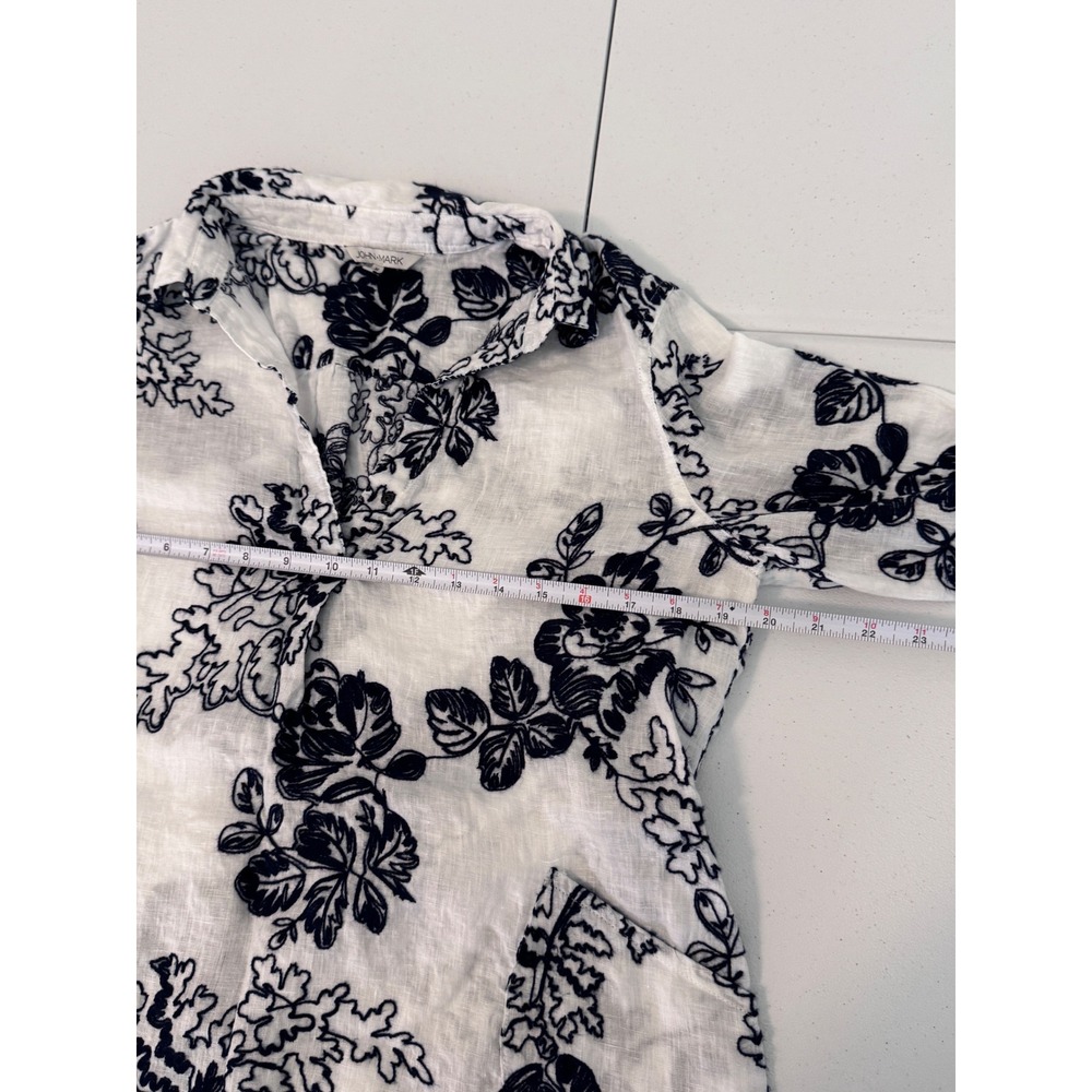 John Mark Linen Floral Embroidered Button Down Shirt Navy White n3 - Picture 6 of 7